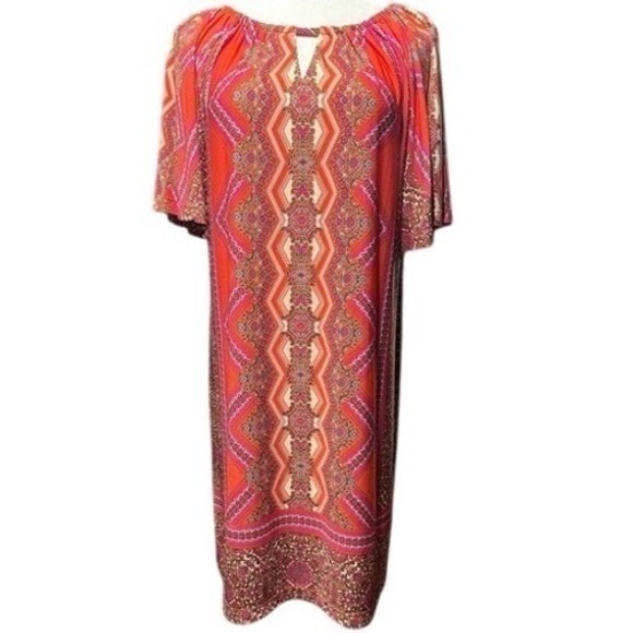Chico's Dresses & Skirts - Chico's Dress Womens 1 M Orange Pink Paisley Print Short Sleeve Shift Boho Midi